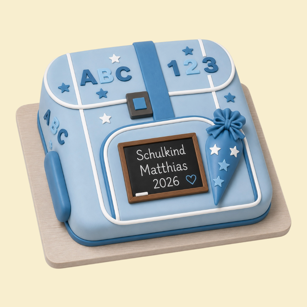 Schultaschen-Torte zur Einschulung mit Wunschname (Blau)