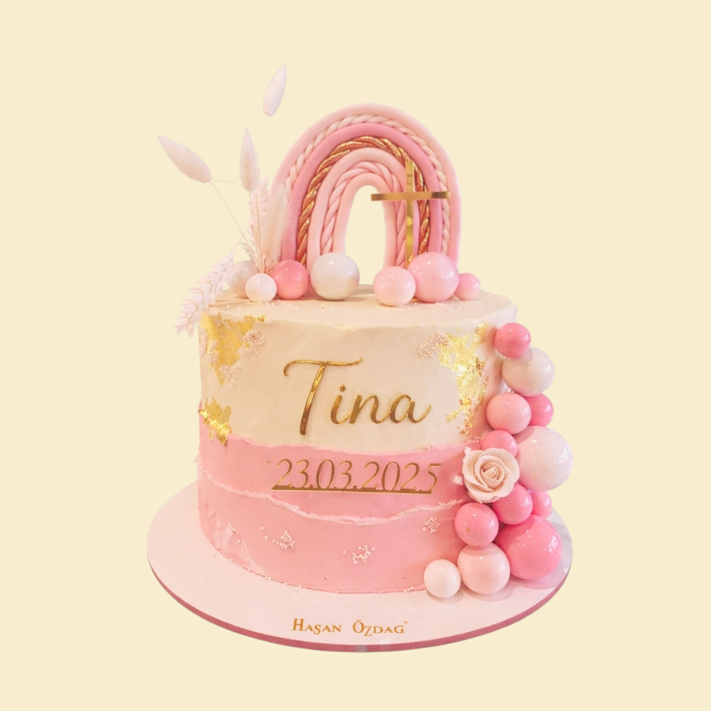 Kommunionstorte „Tina“ in Rosé-Gold mit Regenbogen & Kreuz