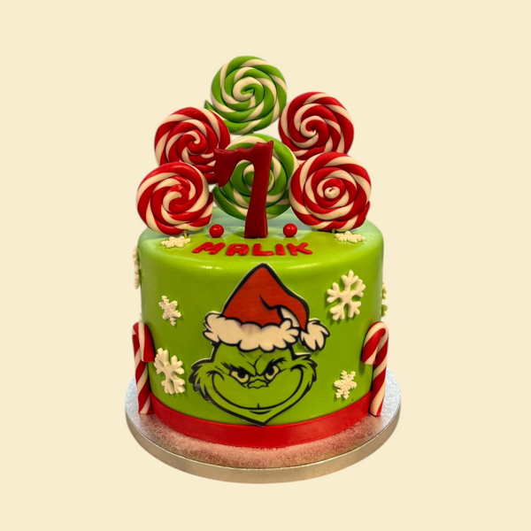 Grinch Weihnachts-Torte mit Lollipops – Personalisierte Kindergeburtstags- & Weihnachtstorte