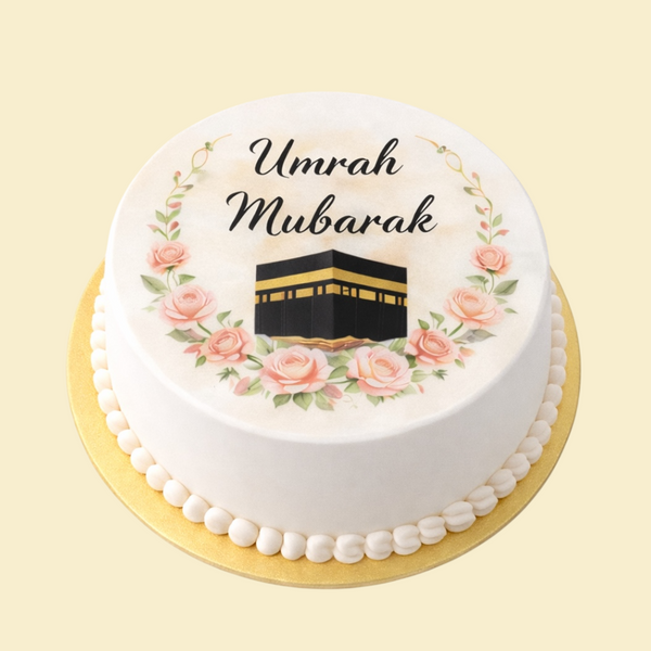 Umrah Mubarak Rosentorte mit Kaaba-Motiv (Fotodruck)