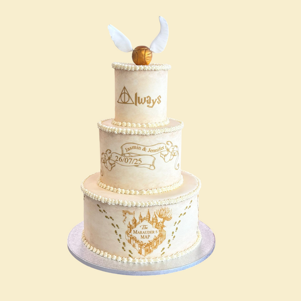 Harry-Potter-Hochzeitstorte „Always“ – dreistöckige Zauberwelt-Torte mit essbarem Design
