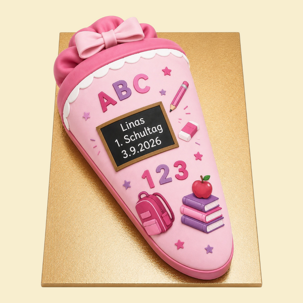 Einschulungstorte Schultüte Rosa mit Fondantdruck – personalisierbar