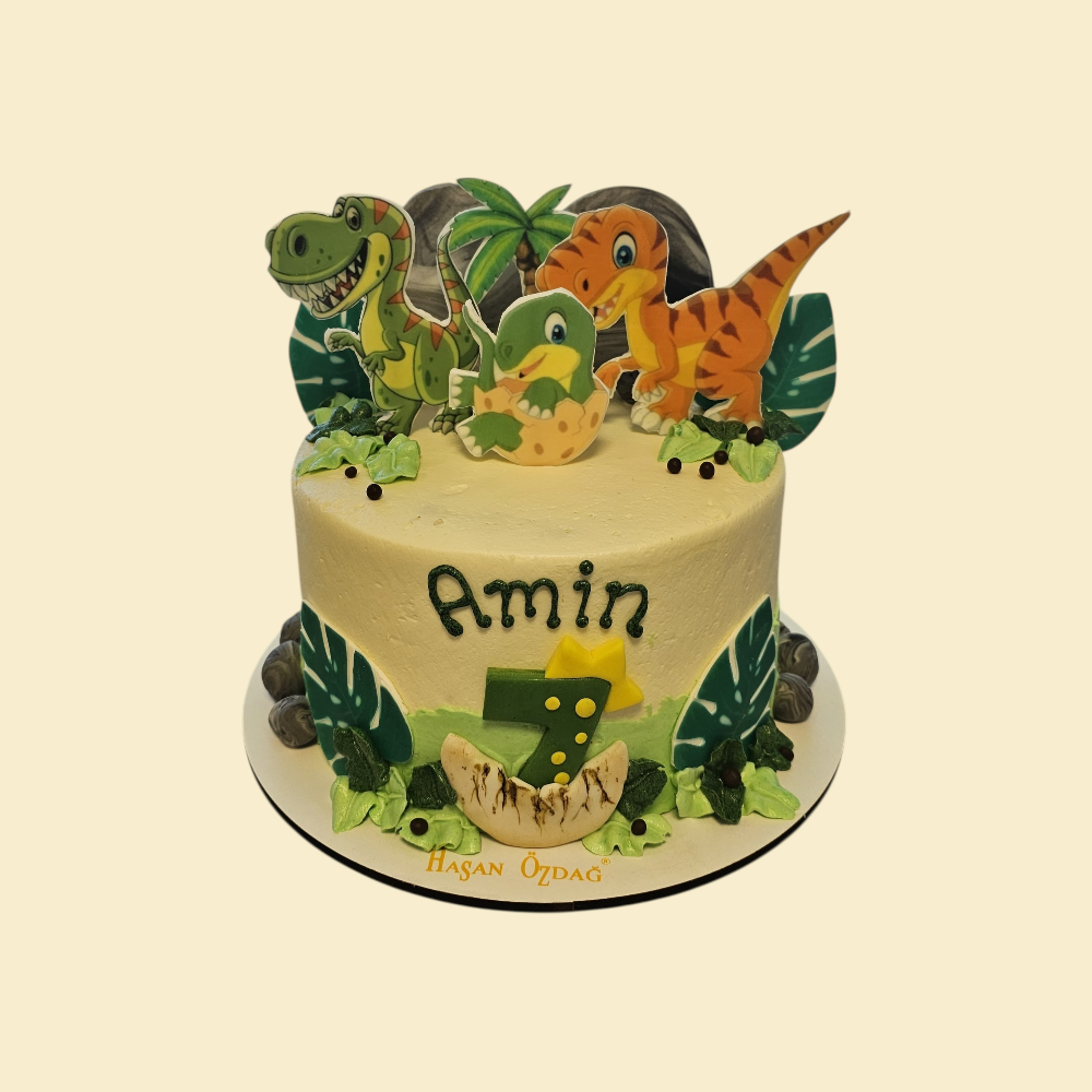 Runde Dinosaurier Torte mit Esspapierdruck und Blättern