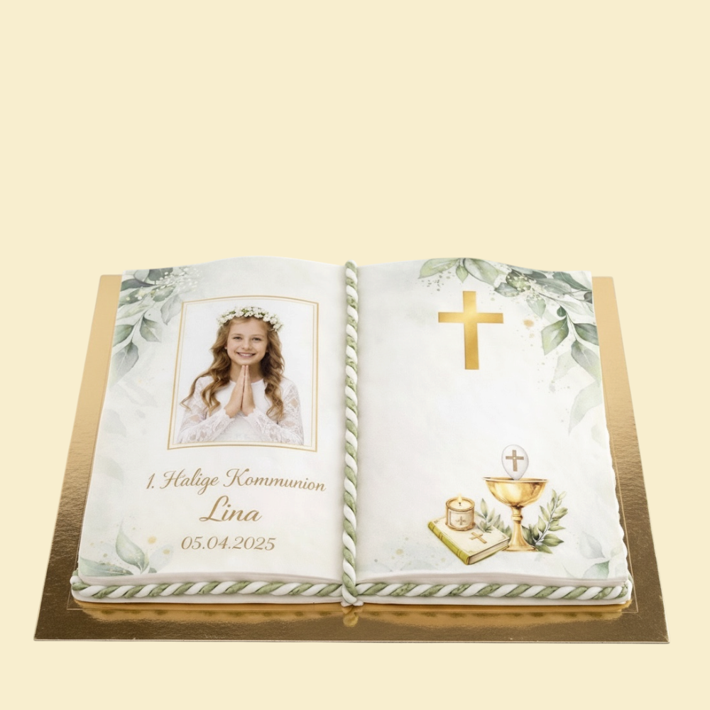 Kommunionstorte Buchoptik mit personalisiertem Foto, Goldkreuz & Eukalyptus-Design auf Fondantdruck