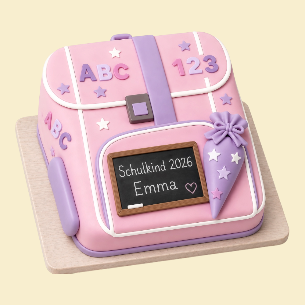 Schultaschen-Torte zur Einschulung mit Wunschname (Rosa)