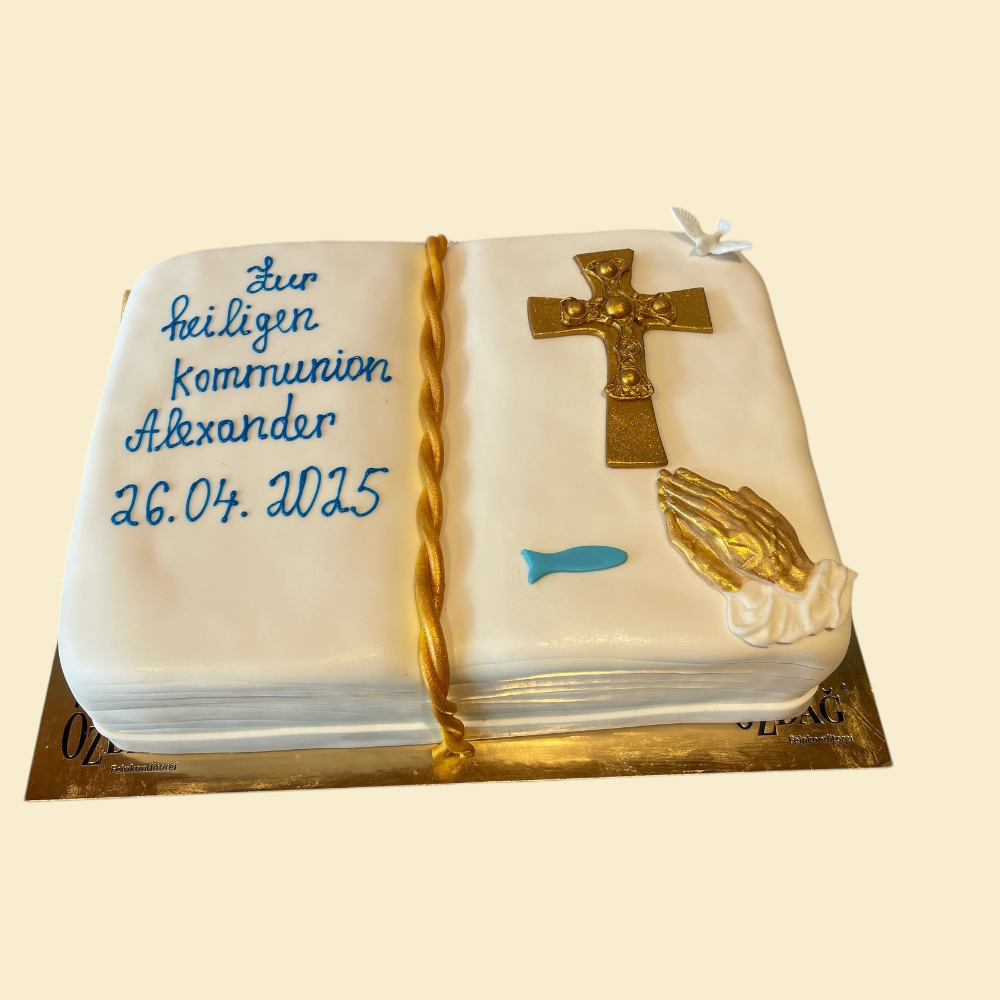 Kommunionstorte mit Wunschtext und Kreuz