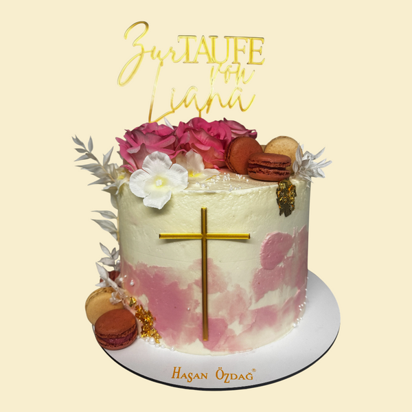 Tauftorte mit Goldkreuz & Blumen personalisiert | Rosa & Creme