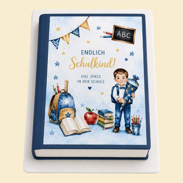 Buchtorte „Endlich Schulkind“ in Blau mit Druckmotiv (Blau)