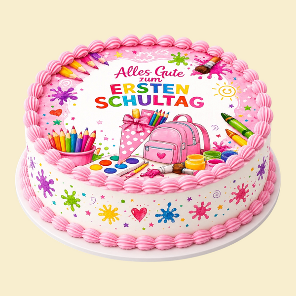 Runde Einschulungstorte Rosa mit Fondantdruck (Kopie)