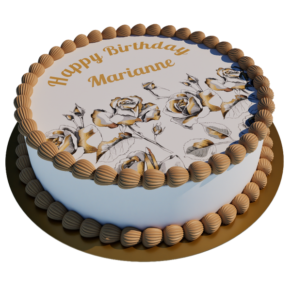Goldene Rosen Torte – personalisiert mit Wunschtext Edler Fondantdruck in Goldoptik