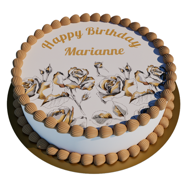 Goldene Rosen Torte – personalisiert mit Wunschtext Edler Fondantdruck in Goldoptik