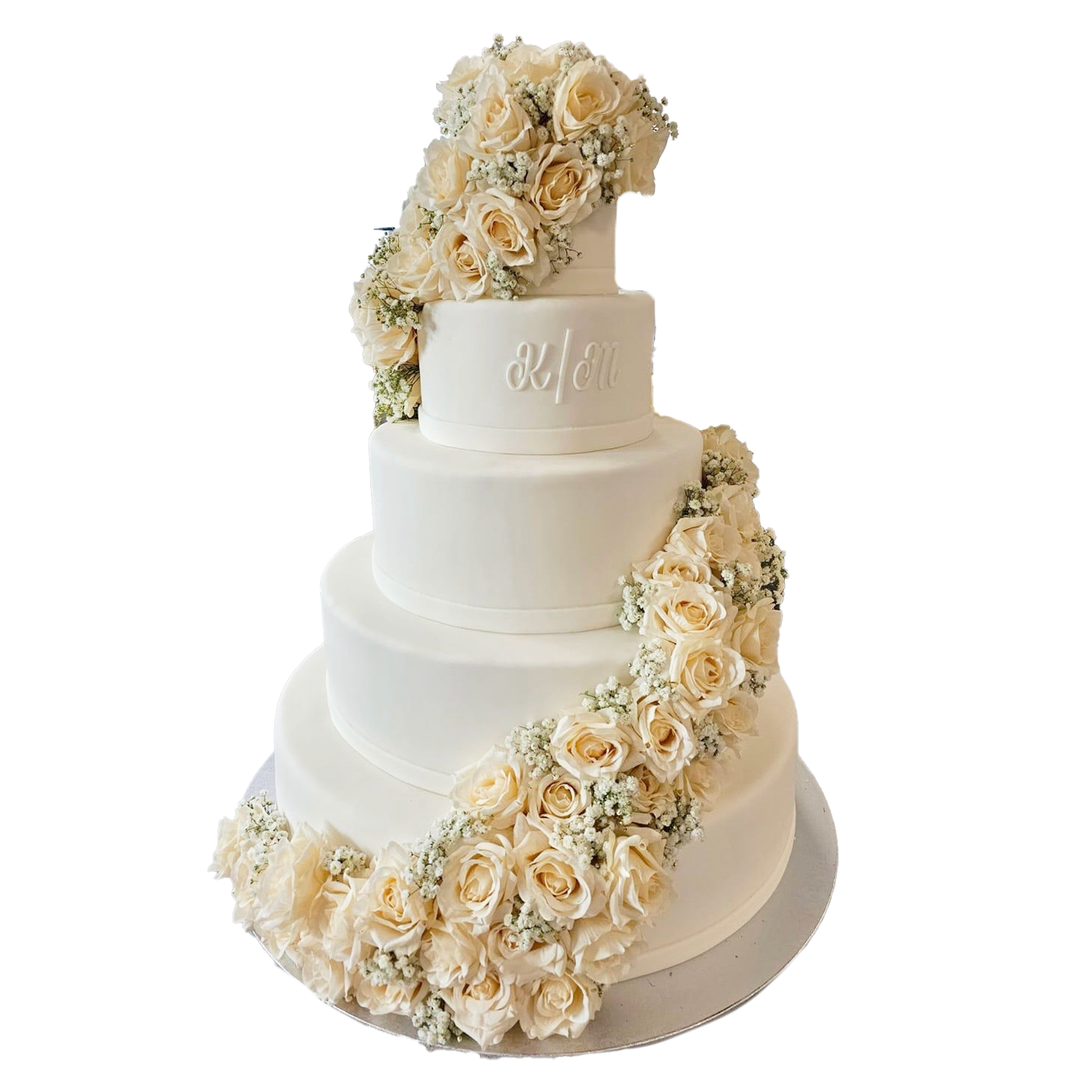 5 Etagen Hochzeitstorte weiß mit Buchstaben und Rosenranke in apricot