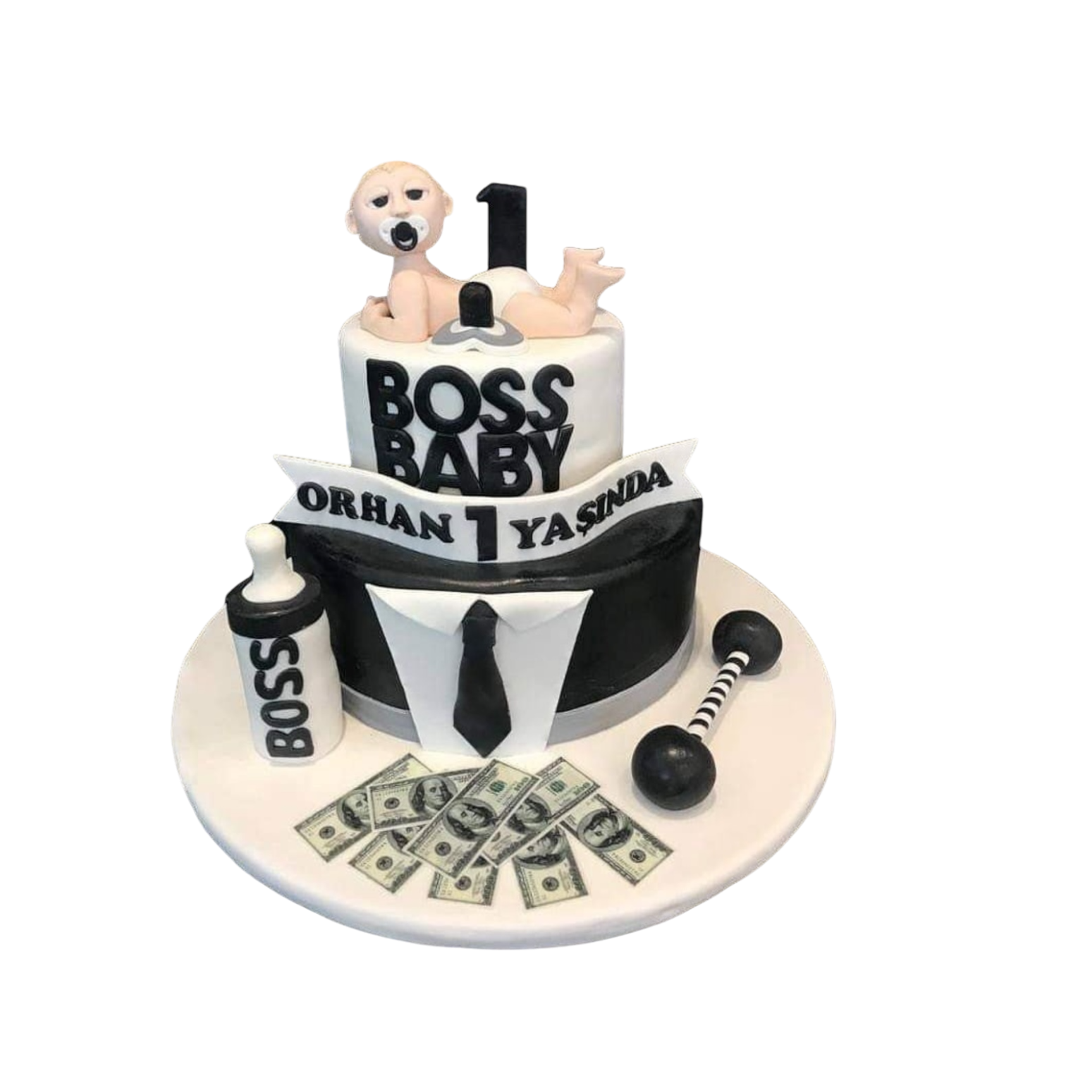 2 stöckige Baby Boss Torte schwarz weiß