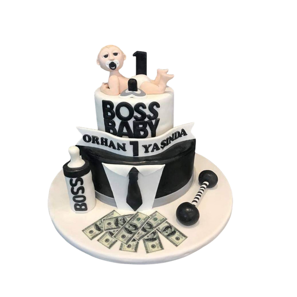 2 stöckige Baby Boss Torte schwarz weiß