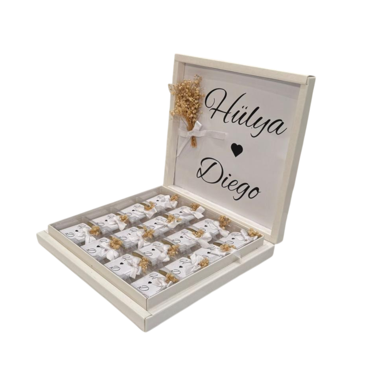 Timeless Love – Personalisierte Hochzeits-Schoko-Box (16 Stück)