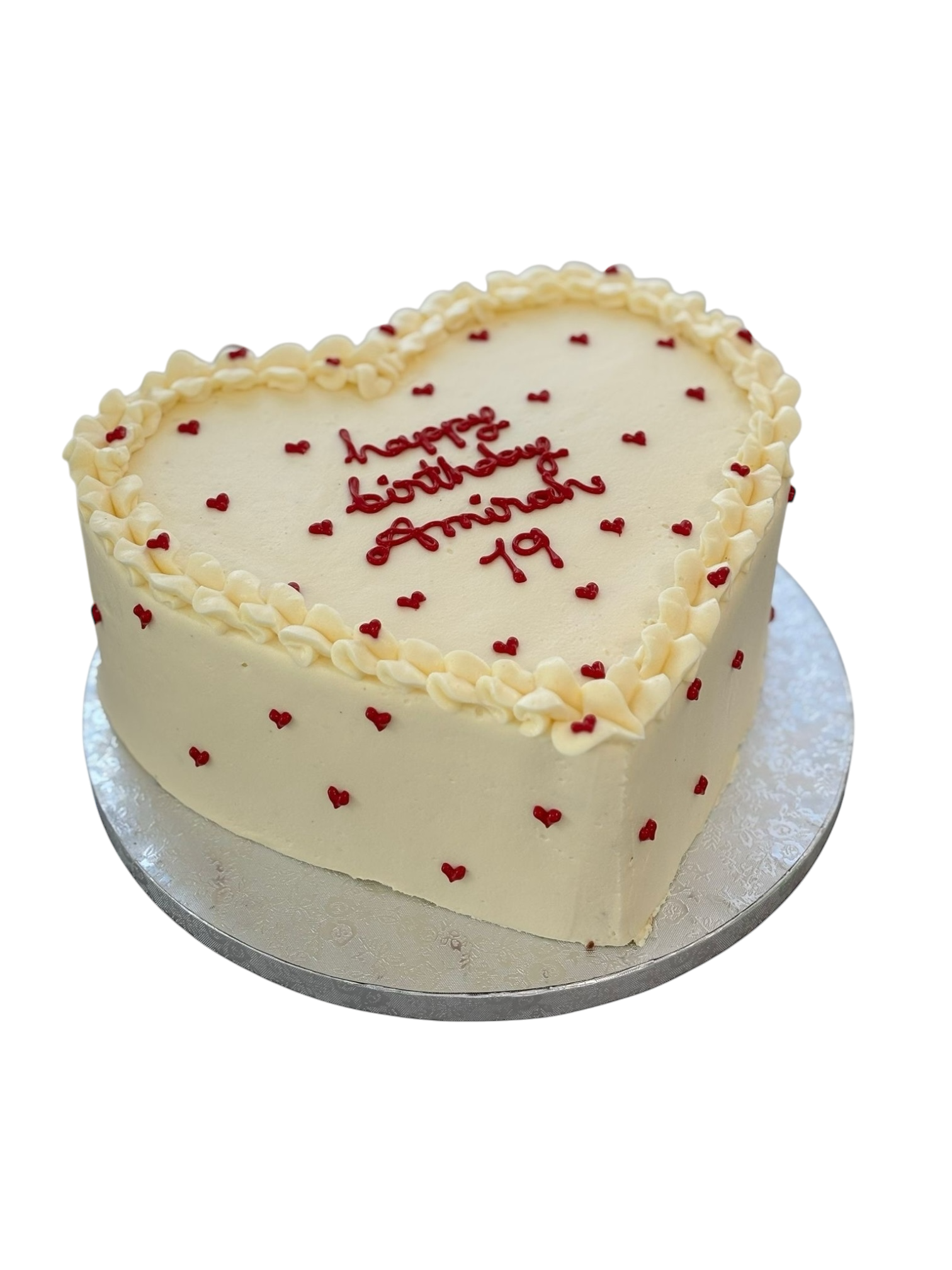 Herzförmige Torte mit Roten Herzen und Wunschtext