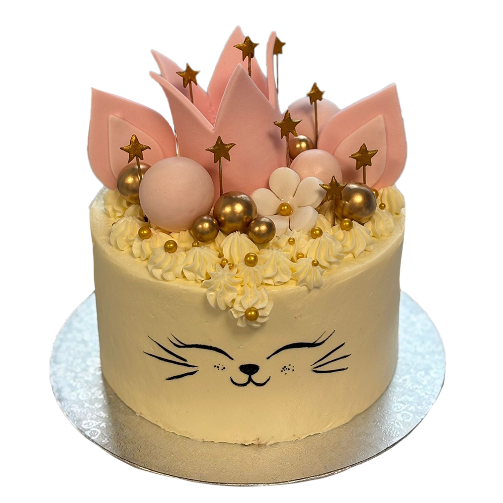 Weiße Katzentorte mit Blume, Katzengesicht, rosa Krone, goldenen Sternen und Kugeln.