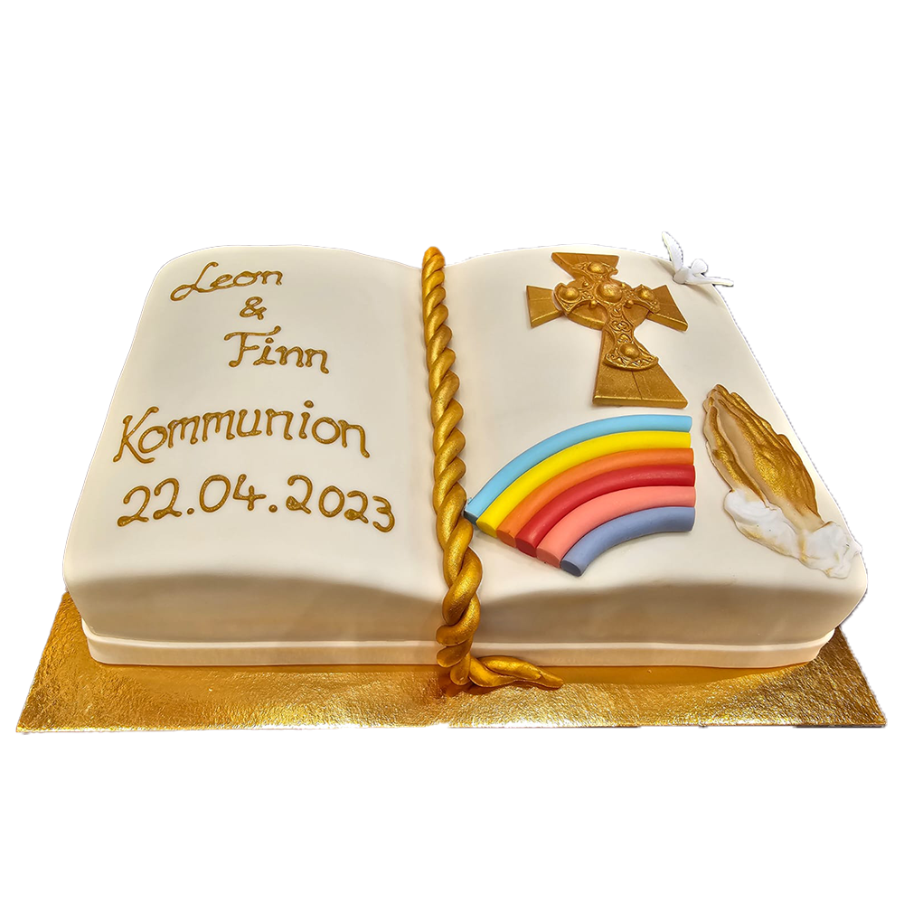 Kommunionstorte in Buch-Form mit goldenen Kreuz, betenden Händen und Regenbogen