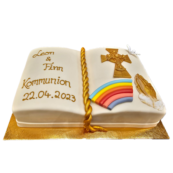 Kommunionstorte in Buch-Form mit goldenen Kreuz, betenden Händen und Regenbogen