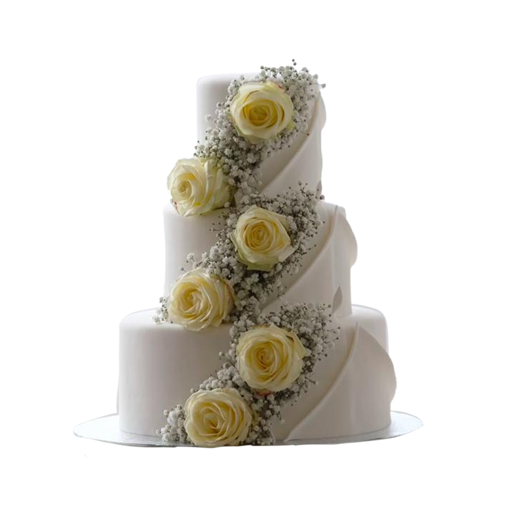 3 stöckige, moderne Hochzeitstorte mit Rosen und Schleierkraut