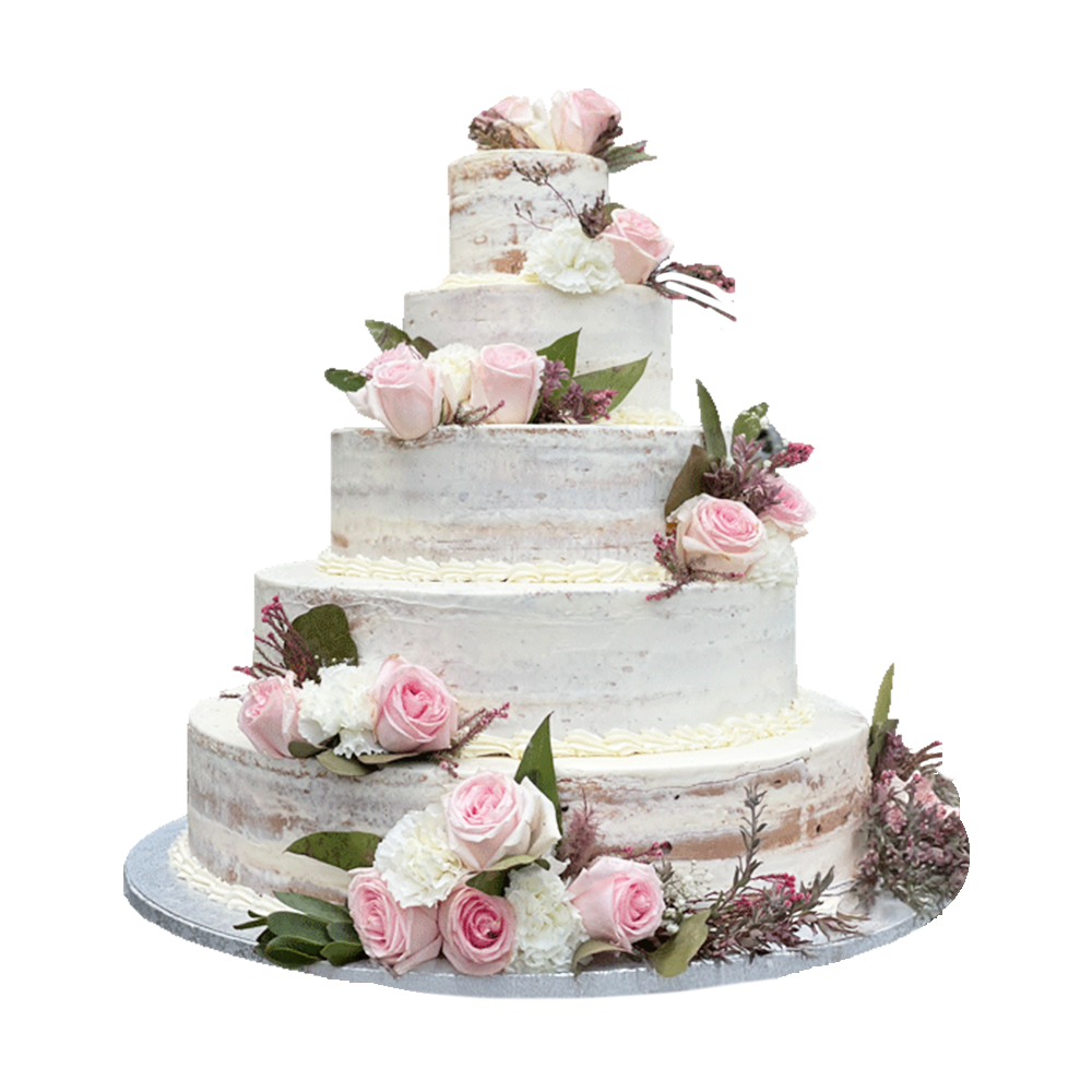 Naked Cake mit rosa Rosen, ideal für elegant rustikale Hochzeiten