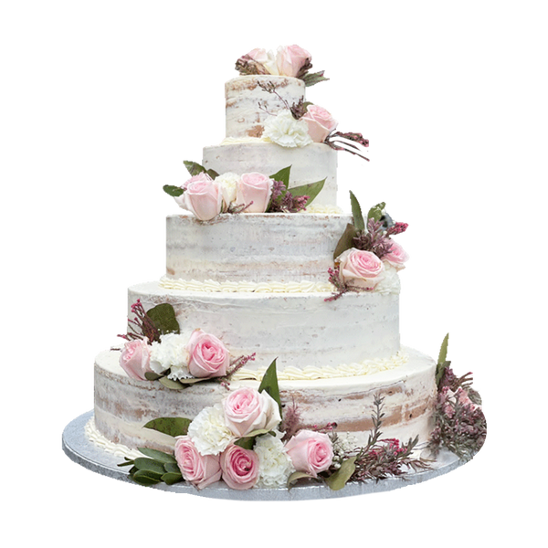 Naked Cake mit rosa Rosen, ideal für elegant rustikale Hochzeiten