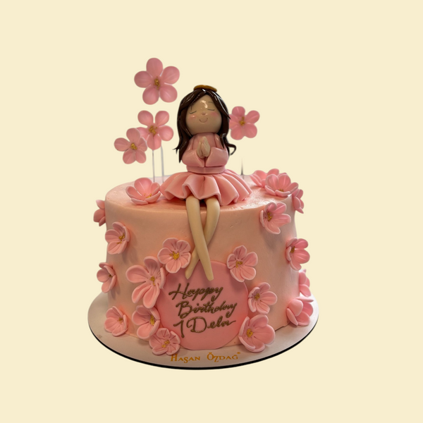 Rosa  Blumentorte mit Figur – Zum 1. Geburtstag für kleine Prinzessinnen