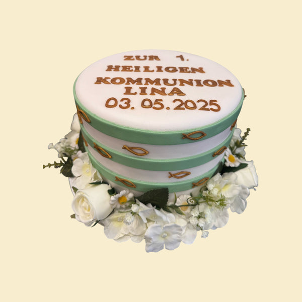 Runde Kommunionstorte mit christlichen Symbolen & Blumendekoration – personalisiert