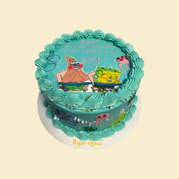 SpongeBob Geburtstagstorte –in Türkis  mit Puddingfüllung und Überzug aus Buttercreme