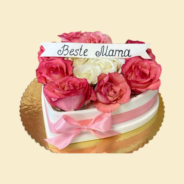 Herz-Torte „Beste Mama“ mit Rosen und Schleife