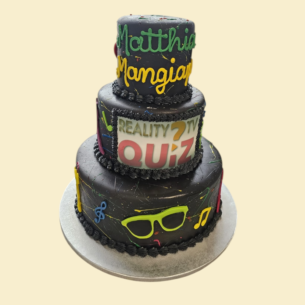 Reality-TV-Quiz-Torte – Schwarz, Bunt & Persönlich