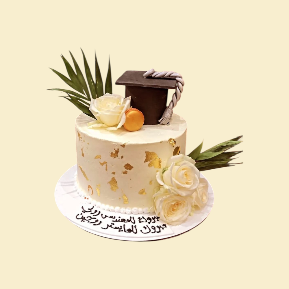 Graduation-Torte „Elegance“ – Weiß-Gold mit Rosen & Doktorhut