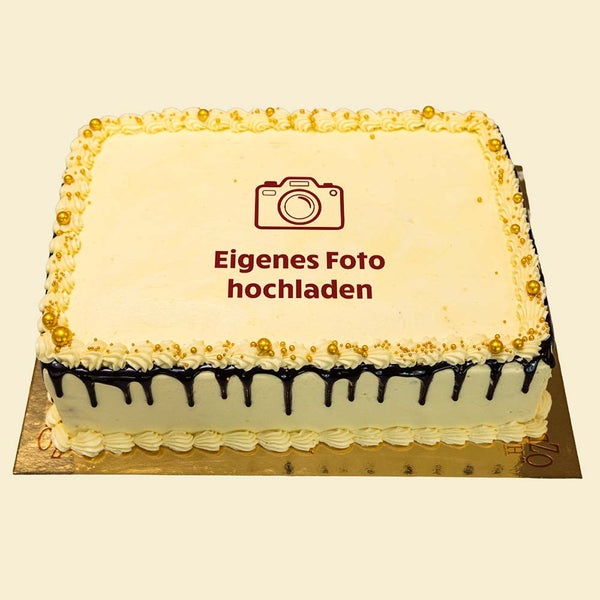 Rechteckige Foto-Torte mit Buttercreme, Gold-Deko & Schoko-Drip – Individuell gestaltbar