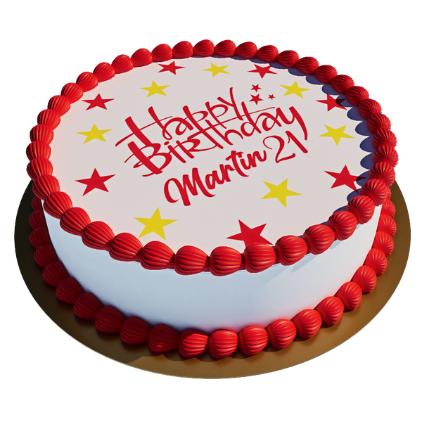 Rote Sterne Torte – personalisiert mit Wunschtext Fondantdruck in Rot-Gelb Design