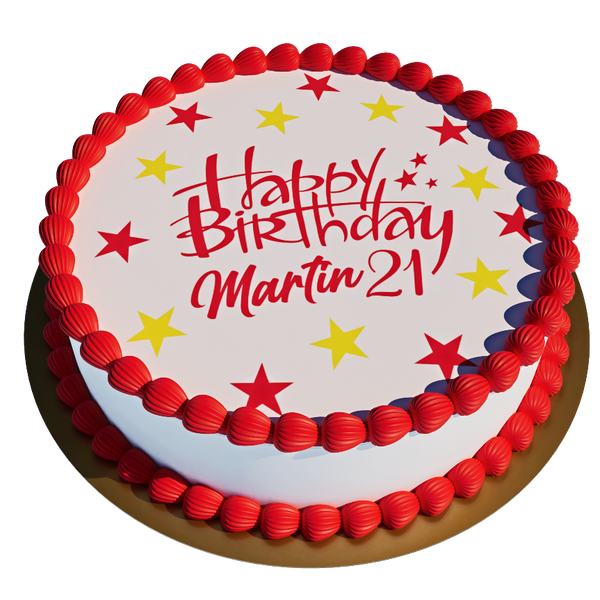 Rote Sterne Torte – personalisiert mit Wunschtext Fondantdruck in Rot-Gelb Design