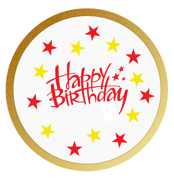 Rote Sterne Torte – personalisiert mit Wunschtext Fondantdruck in Rot-Gelb Design