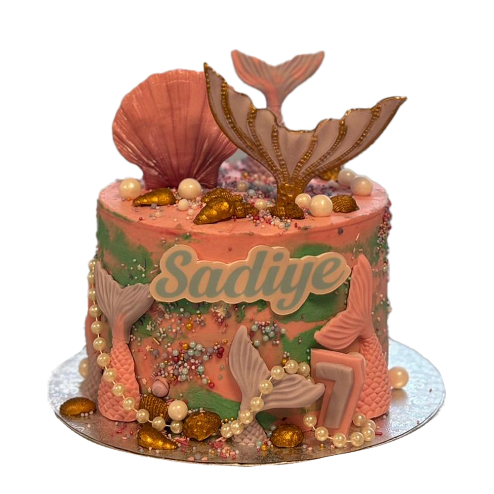 Rosa-Türkise  Meerjungfrautorte mit Perlen, Muscheln und Fischschwänzen