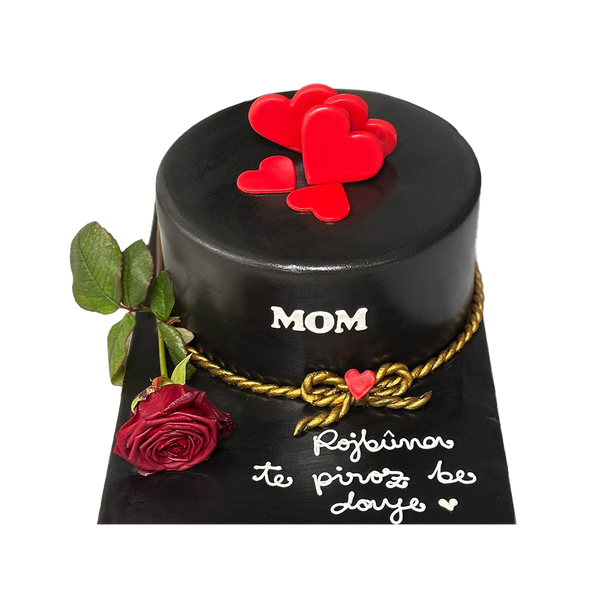 Schwarze Muttertags-Torte mit Herzen, Band und Rose