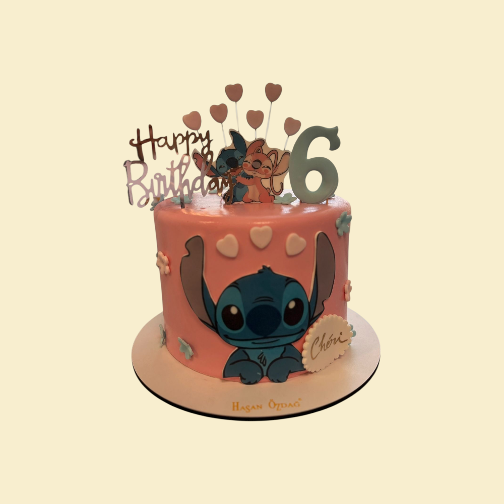 Stitch Geburtstagstorte – personalisiert in Rosa mit Happy Birthday Aufstecker