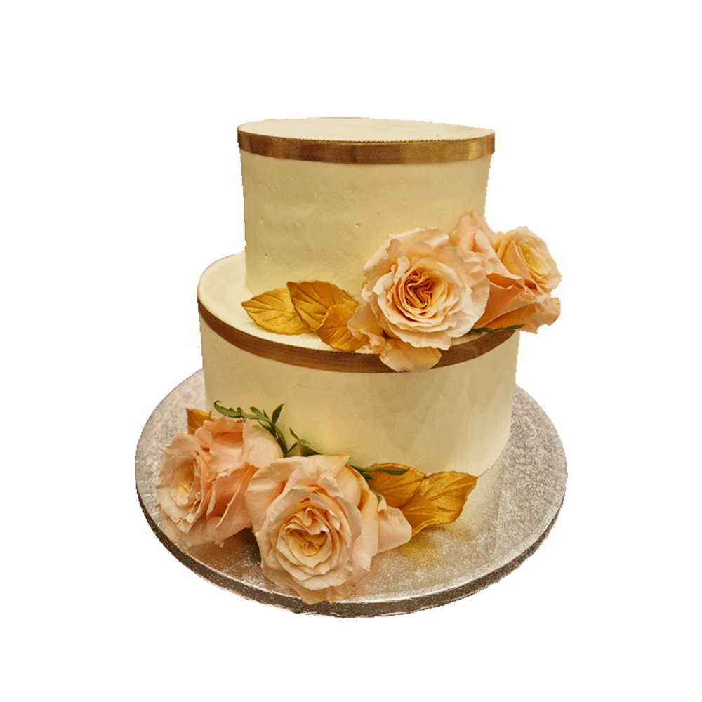 Torte mit Goldrand und rosa Blumen