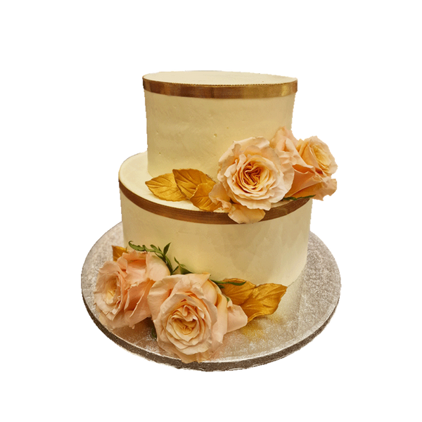 Torte mit Goldrand und rosa Blumen