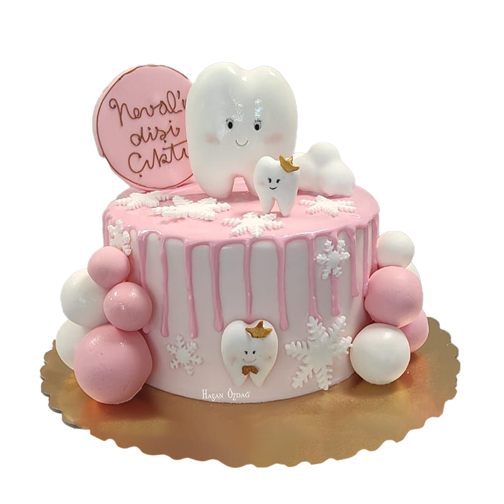 Zahn-Torte mit pinken Drip, Schneeflocken und Kugeln