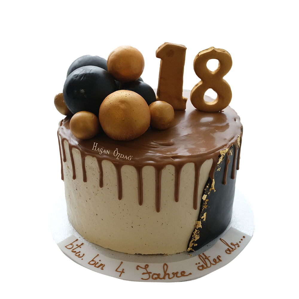 Zweifarbiger Schoko-Drip-Cake mit Blattgold und schwarz goldenen Kugeln