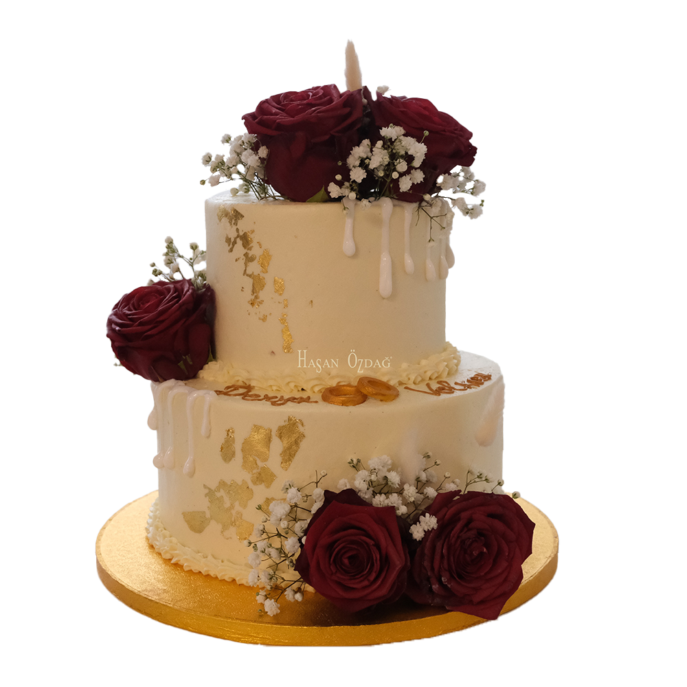 Zweistöckige Hochzeit mit Drip, roten Rosen, Schleierkraut und Blattgold
