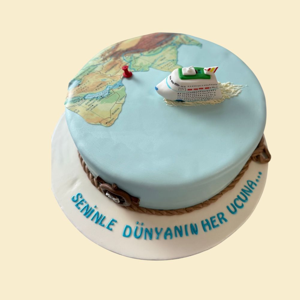 Reisetorte mit Weltkarte & Schiff – Abenteuer Torte