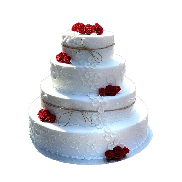 4 stöckige Hochzeitstorte mit Blüten, Muster, Rosen und Schleifen
