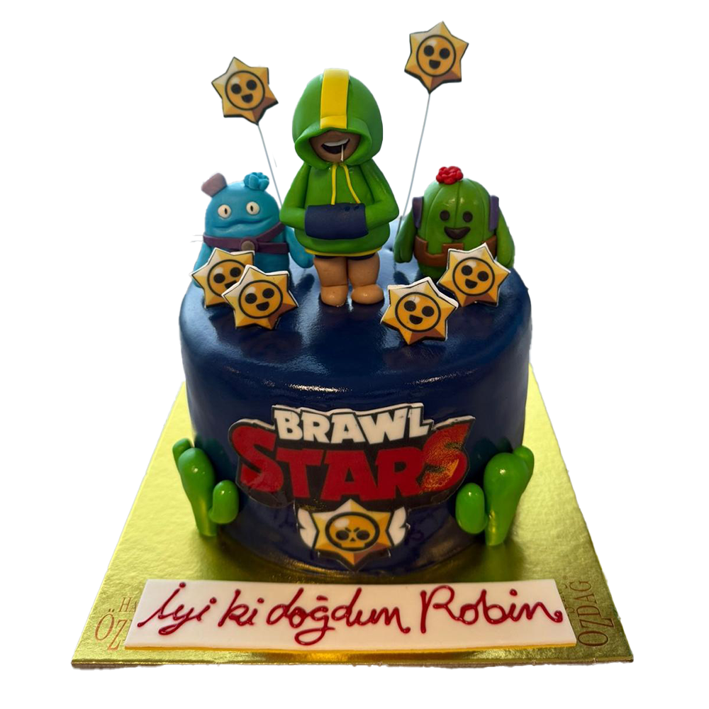 Dunkelblaue Brawl Stars-Torte mit Kakteen, Sternen und Figuren wie Leon
