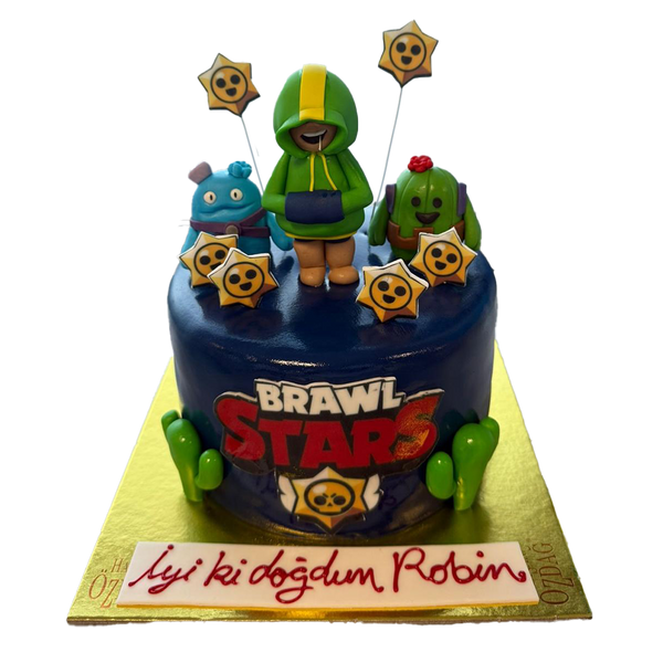 Dunkelblaue Brawl Stars-Torte mit Kakteen, Sternen und Figuren wie Leon
