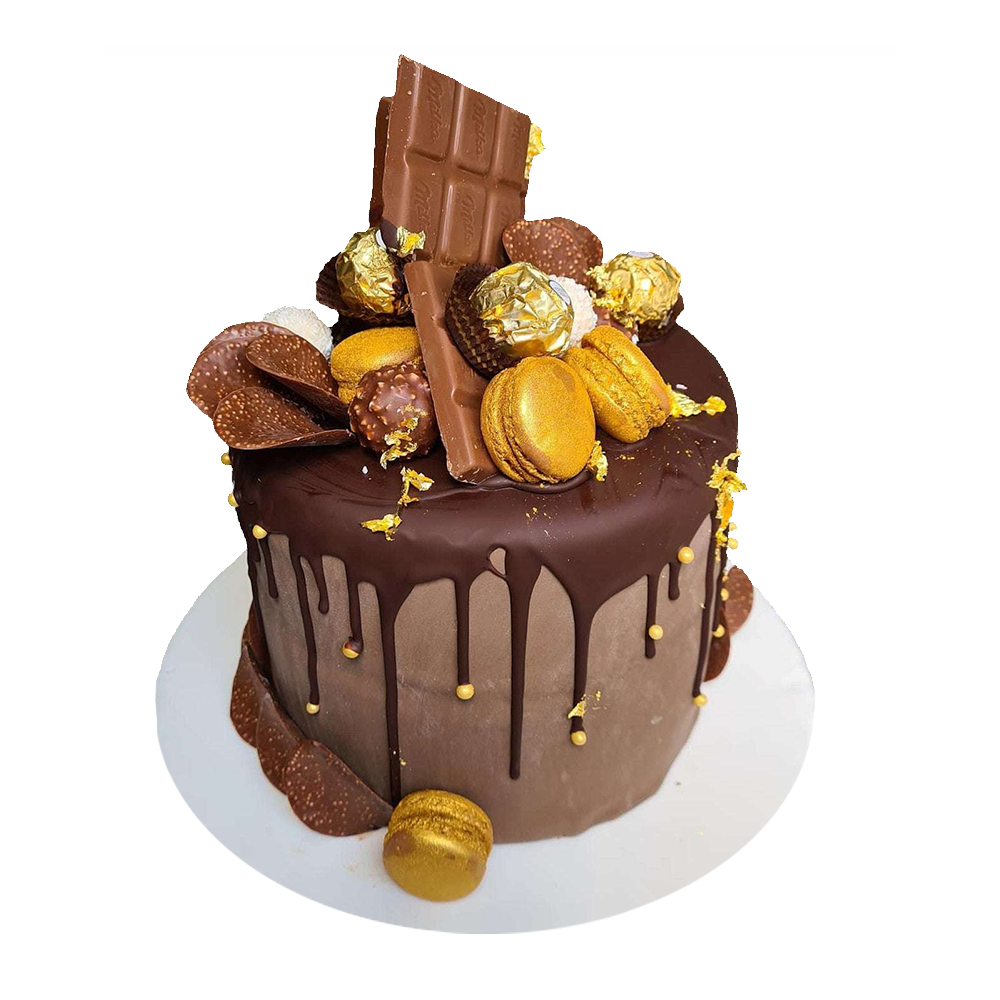 Extra-schokoladiger Schoko-Drip-Cake mit Rocher , Schoko-Chips, Macarons und Schokolade.