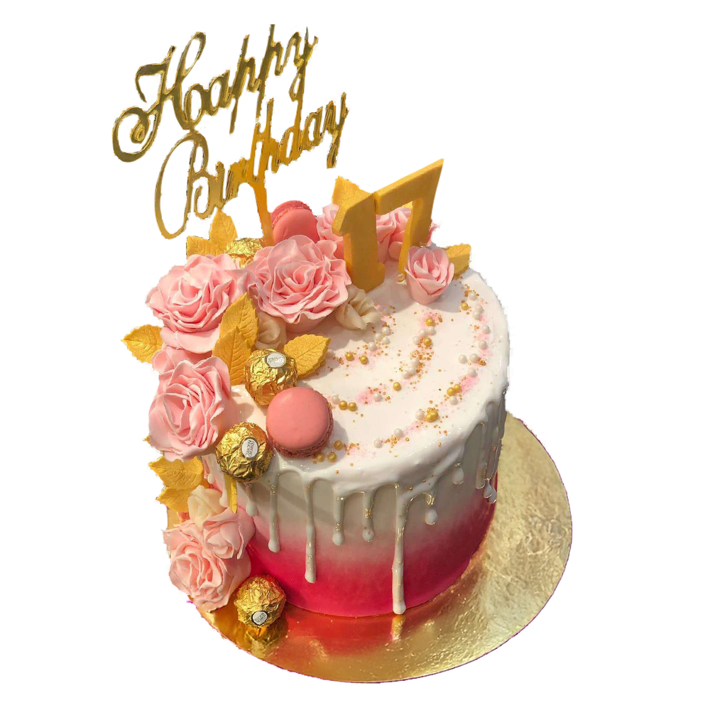 Weiß-Rosa-Dripcake mit Rosen, Goldblättern, Macarons und Rocher